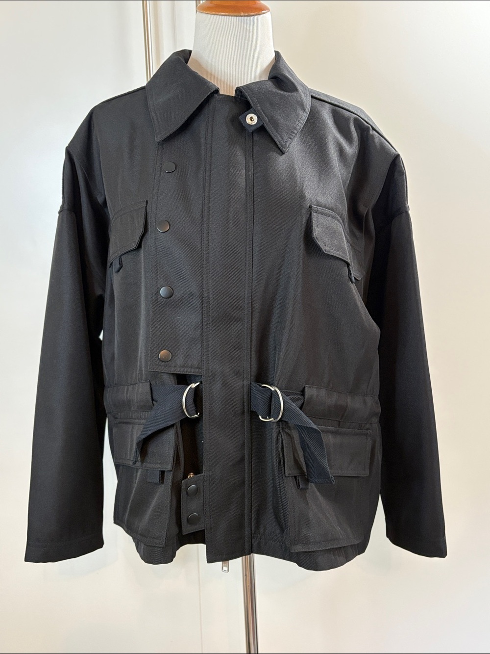 L'Academie Black Cotton Bomber Jacket with D-Ring Cinch Waist L